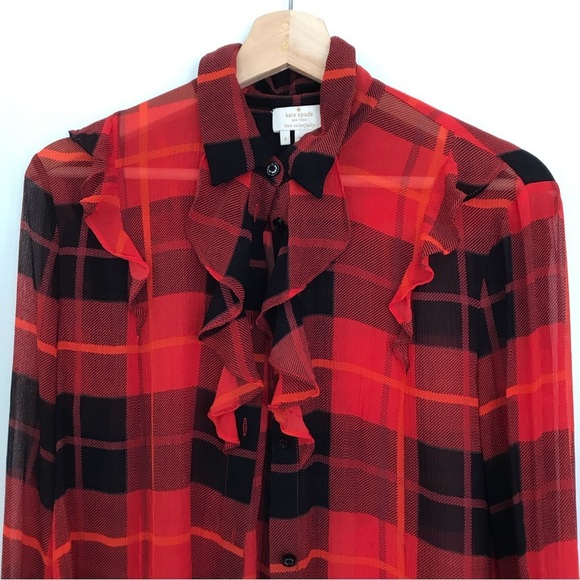 KATE SPADE Women's Red Plaid Ruffle Long Sleeve Silk Blouse Size 4 - Picture 7 of 15